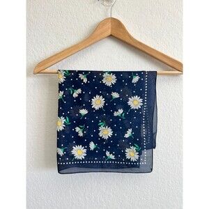 VINTAGE 90s Korean Square Navy Blue Floral Lilly Scarf